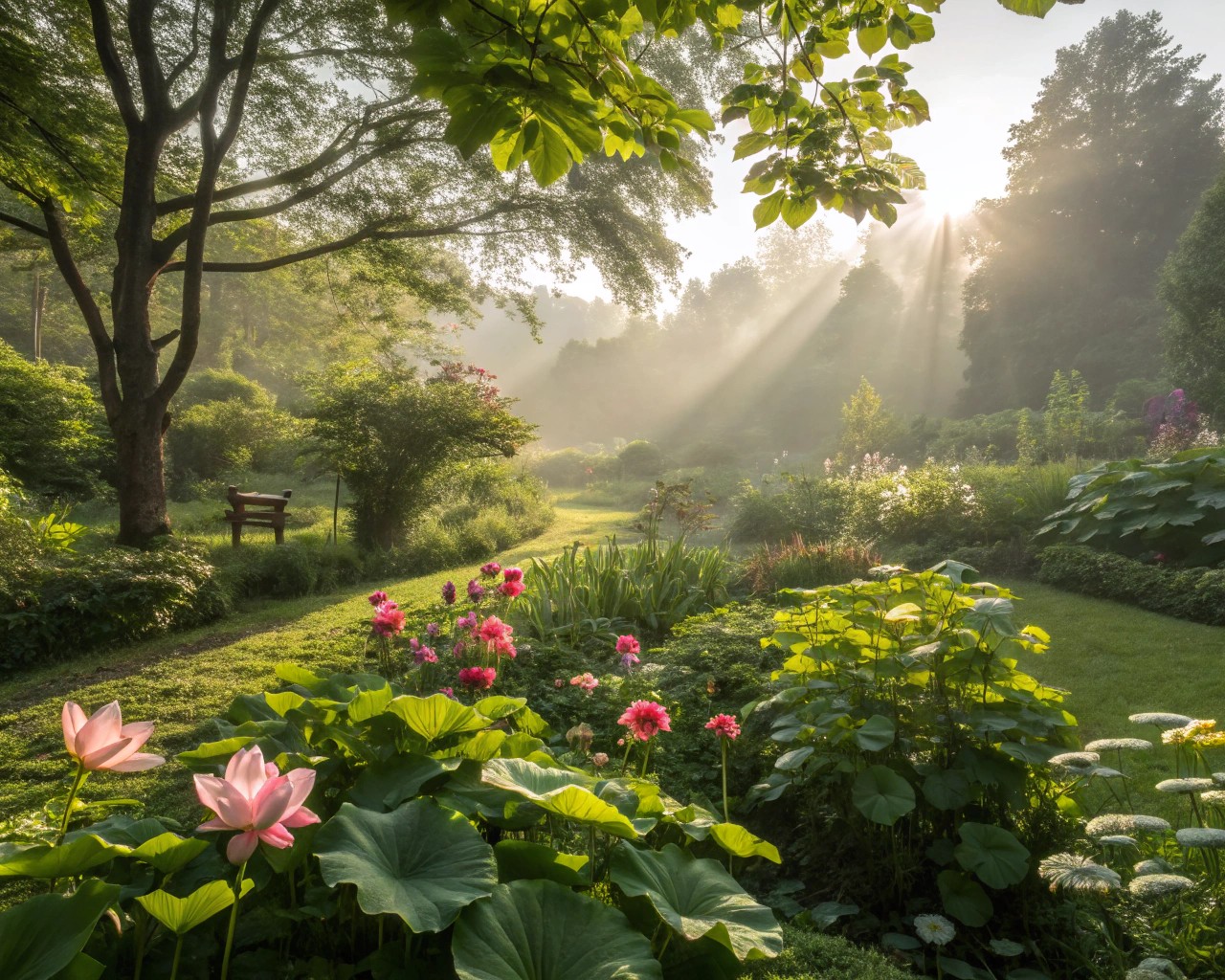 A garden benefiting from the gentle warmth of the morning sun, ideal for peaceful reflection.