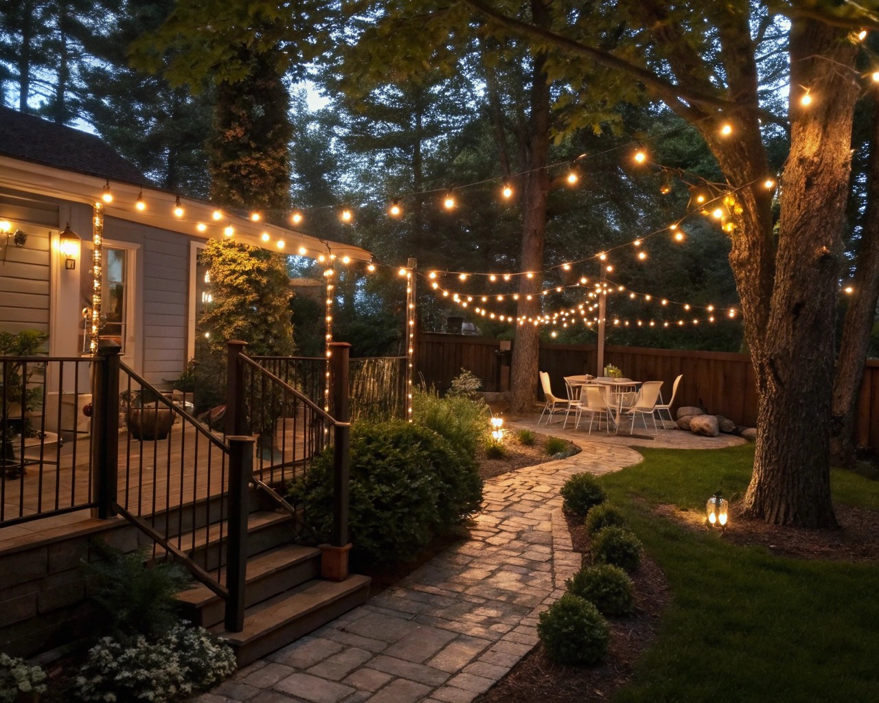 Lighting and heating features in a residential setting to extend outdoor usability through colder months.