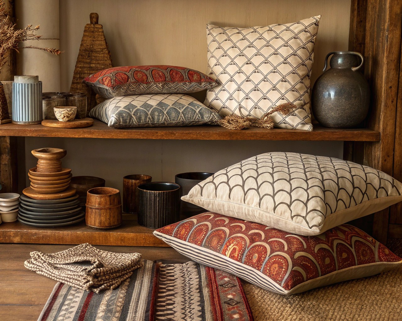 Supporting layers of patterns add depth and texture to the living space.