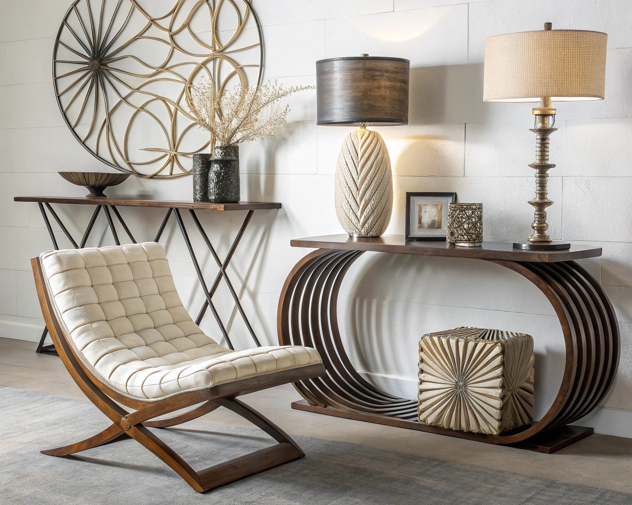 The combination of geometric and organic patterns enhances the room's dynamic feel.