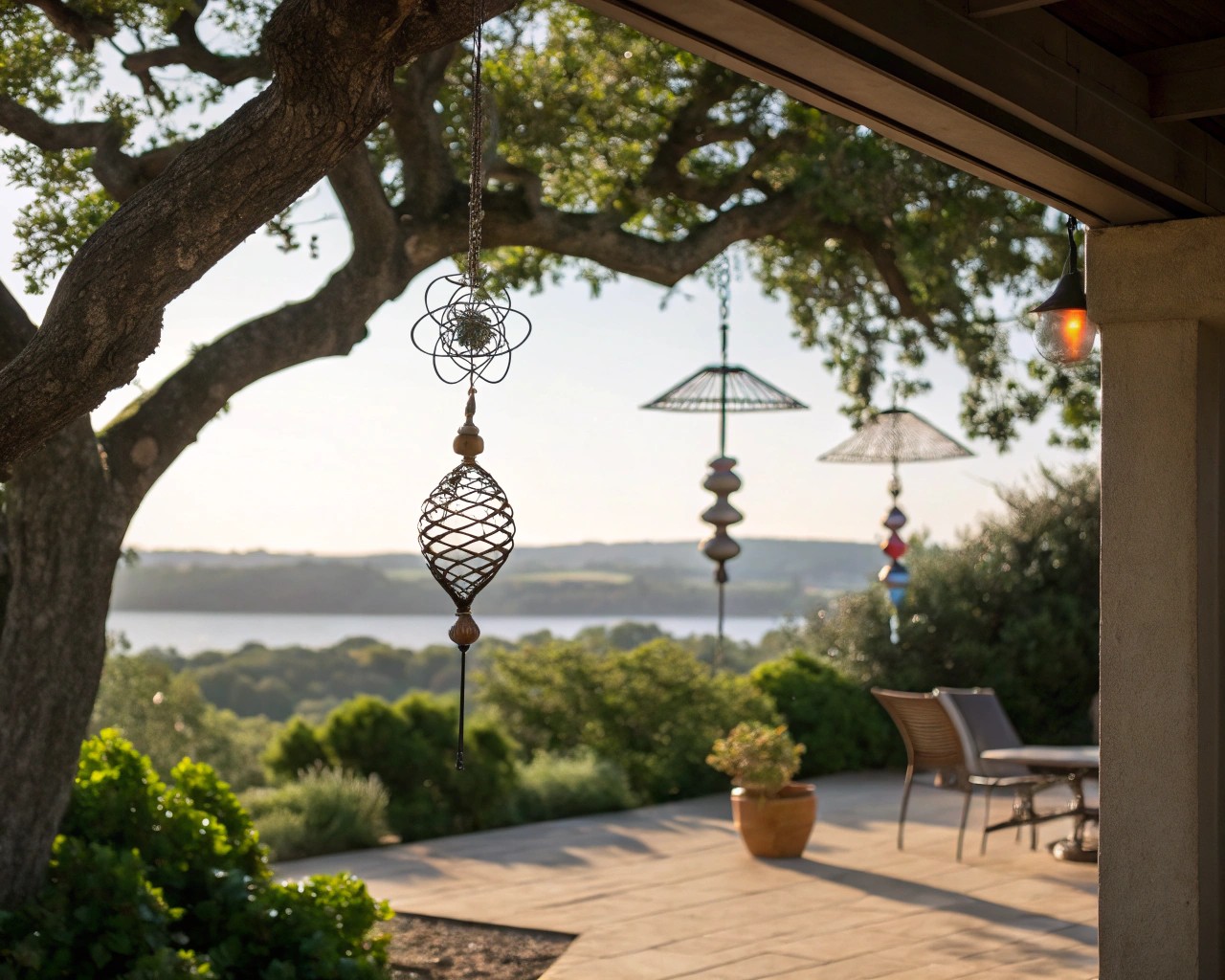 Wind-driven elements bring kinetic interest to gardens and patios.